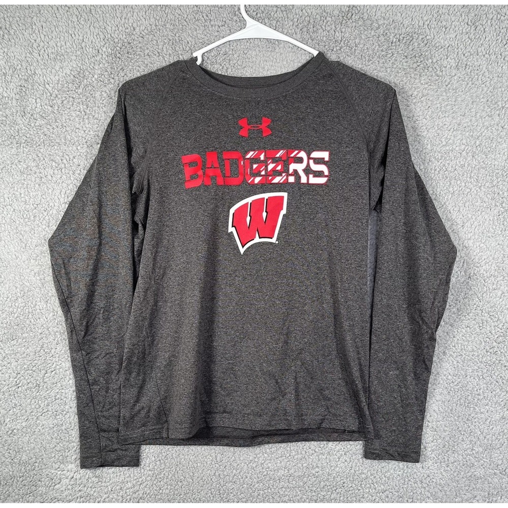 Wisconsin Badgers Shirt Youth Large Gray Under Armour Loose HeatGear NCAA Sports